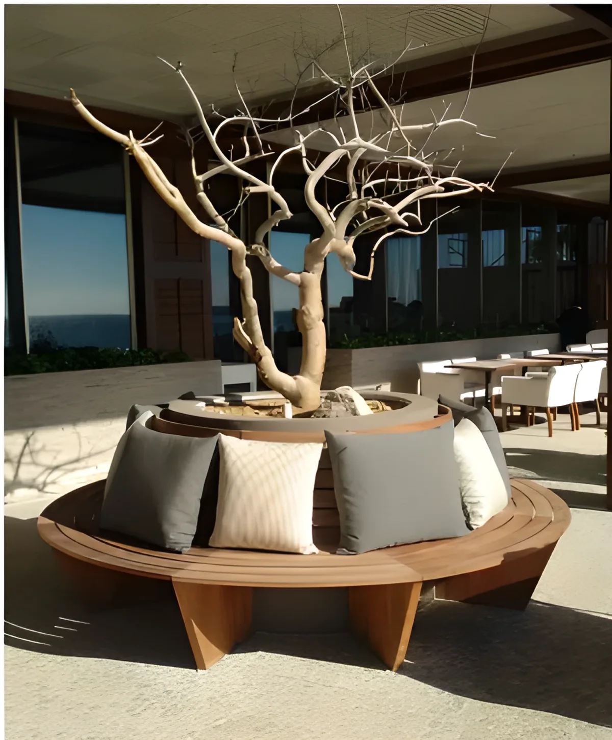 Banca circular de madera alrededor de árbol en patio de hotel